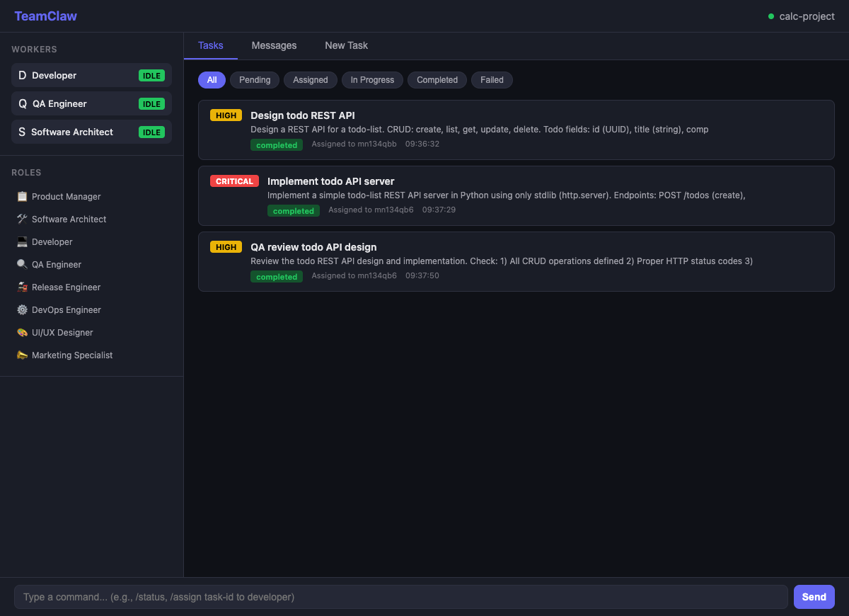 TeamClaw routing a todo REST API task through architect, developer, and QA roles.